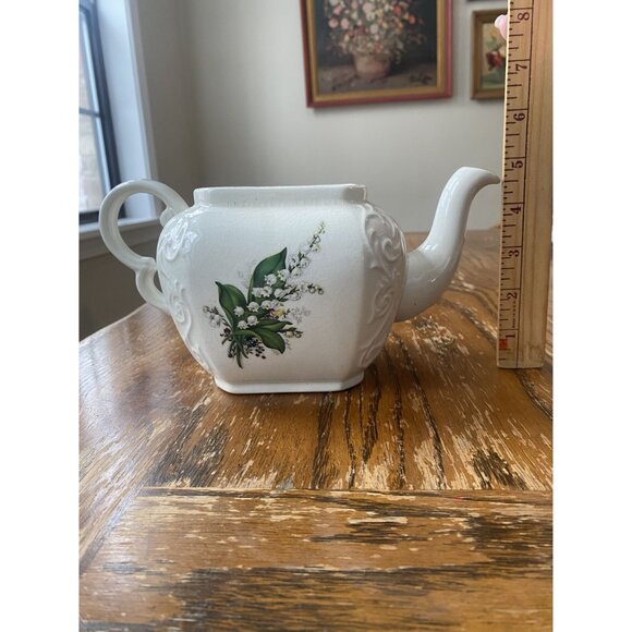 Vintage Ellgreave Wood & Sons Ironstone Teapot Floral Lily Of The Valley England - Picture 4 of 8